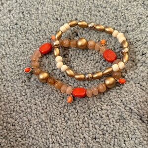 Beaded Stretch Bracelet Set with Coral Accent - Brown & Gold